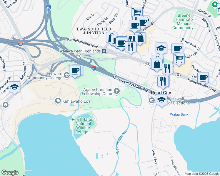 map of restaurants, bars, coffee shops, grocery stores, and more near 96-159 Waiawa Road in Pearl City