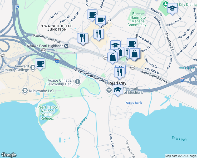 map of restaurants, bars, coffee shops, grocery stores, and more near Queen Liliuokalani Freeway in Honolulu County