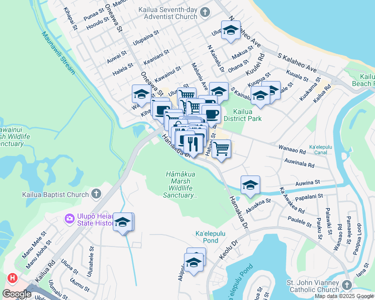 map of restaurants, bars, coffee shops, grocery stores, and more near 150 Hamakua Drive in Kailua