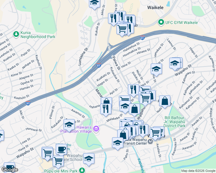 map of restaurants, bars, coffee shops, grocery stores, and more near 94-555 Ana Aina Place in Waipahu