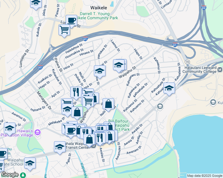 map of restaurants, bars, coffee shops, grocery stores, and more near 94-1201 Kaniau Place in Waipahu