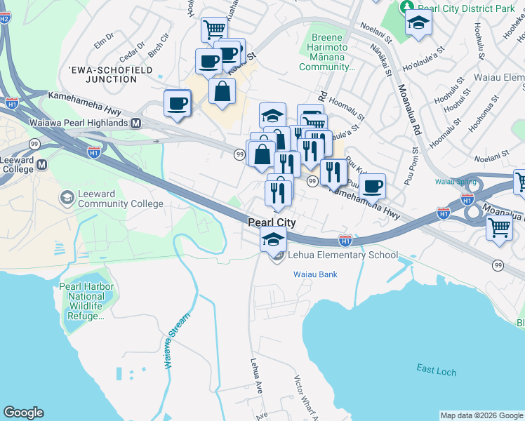 map of restaurants, bars, coffee shops, grocery stores, and more near 934 2nd Street in Pearl City