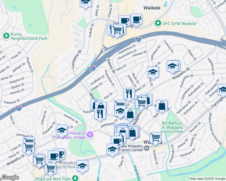 map of restaurants, bars, coffee shops, grocery stores, and more near 94-570 Apii Street in Waipahu