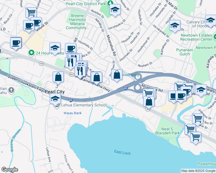 map of restaurants, bars, coffee shops, grocery stores, and more near 1063 Puʻu ʻAlani Way in Pearl City