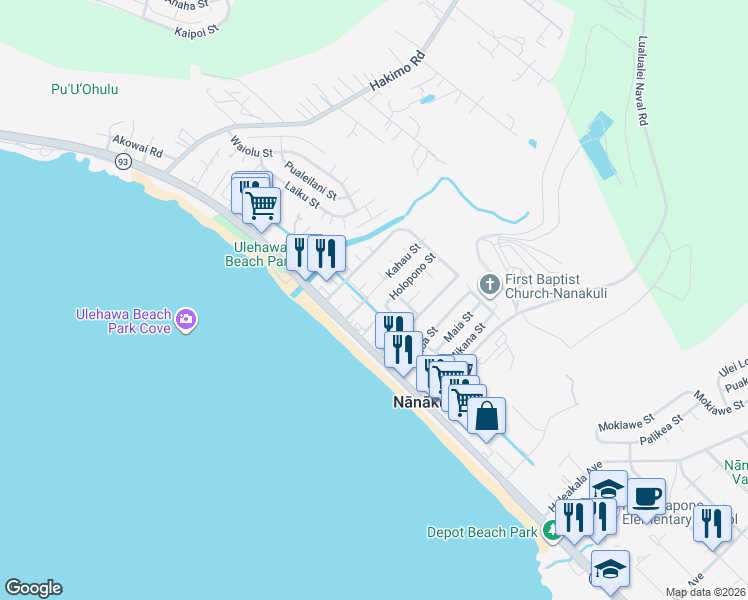 map of restaurants, bars, coffee shops, grocery stores, and more near 87-208 Holopono Street in Waianae