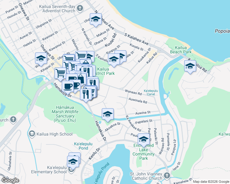 map of restaurants, bars, coffee shops, grocery stores, and more near 333 Aoloa Street in Kailua
