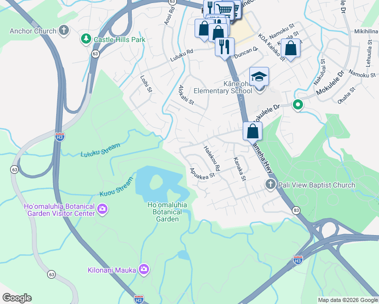 map of restaurants, bars, coffee shops, grocery stores, and more near 45-696 Halekou Road in Kaneohe