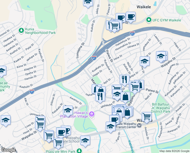 map of restaurants, bars, coffee shops, grocery stores, and more near 94-891 Hiapo Street in Waipahu