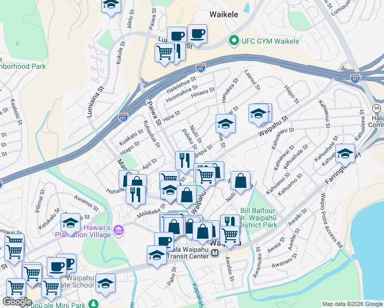 map of restaurants, bars, coffee shops, grocery stores, and more near 94-1032 Hapapa Street in Waipahu