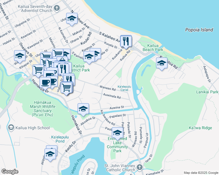 map of restaurants, bars, coffee shops, grocery stores, and more near 333 Wanaao Road in Kailua