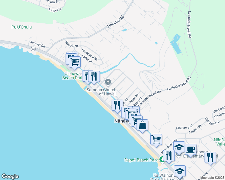 map of restaurants, bars, coffee shops, grocery stores, and more near 87-208 Holopono Street in Waianae