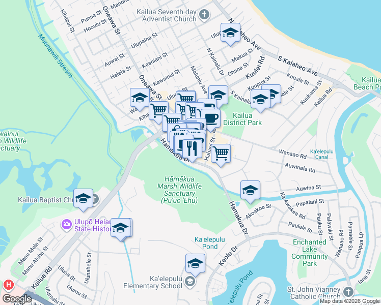 map of restaurants, bars, coffee shops, grocery stores, and more near 131 Hekili Street in Kailua