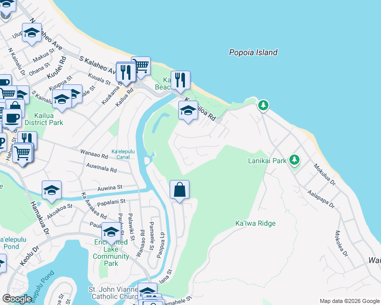 map of restaurants, bars, coffee shops, grocery stores, and more near 217 Pauahilani Place in Kailua