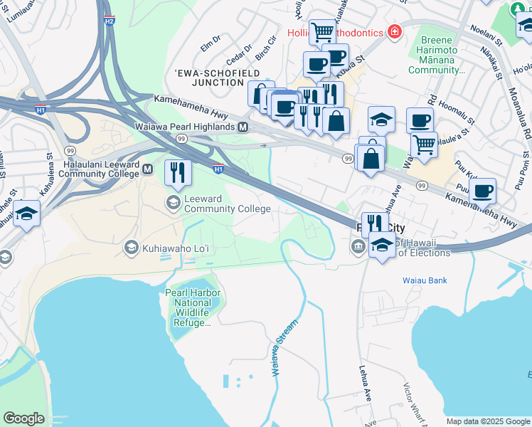 map of restaurants, bars, coffee shops, grocery stores, and more near 96-165 Waiawa Road in Pearl City