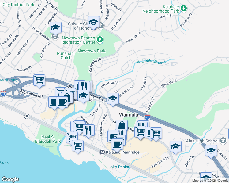 map of restaurants, bars, coffee shops, grocery stores, and more near 98-345 Pono Street in Aiea