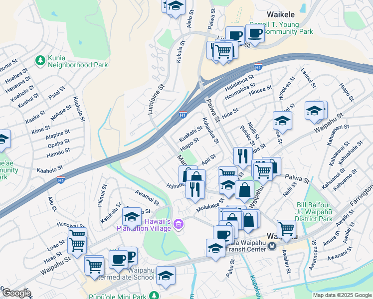 map of restaurants, bars, coffee shops, grocery stores, and more near 94-891 Hiapo Street in Waipahu