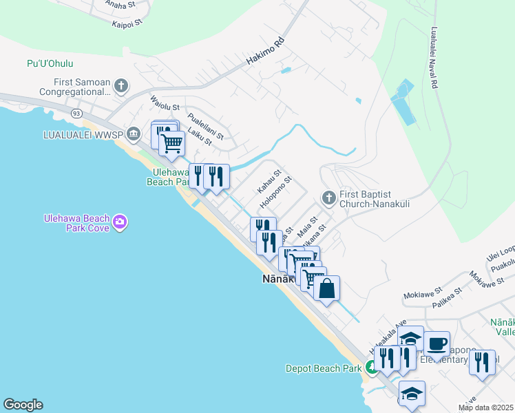 map of restaurants, bars, coffee shops, grocery stores, and more near 87-208 Holopono Street in Waianae