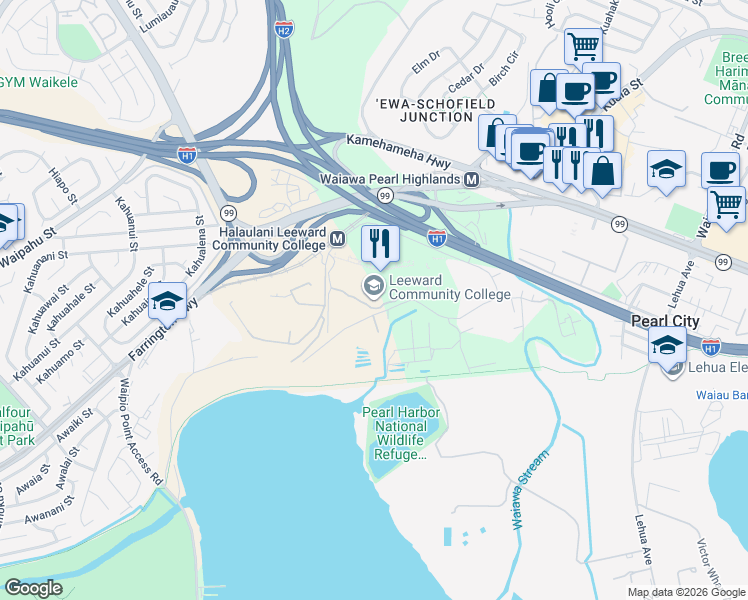 map of restaurants, bars, coffee shops, grocery stores, and more near 96-045 Ala ʻIke Street in Pearl City