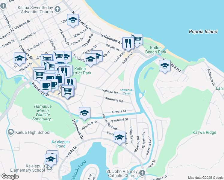 map of restaurants, bars, coffee shops, grocery stores, and more near 333 Wanaao Road in Kailua