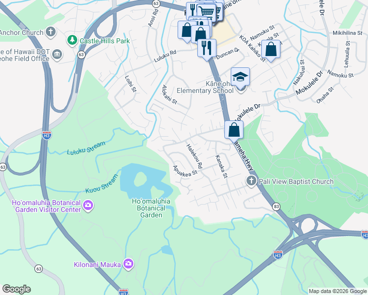 map of restaurants, bars, coffee shops, grocery stores, and more near 45-696 Halekou Road in Kaneohe
