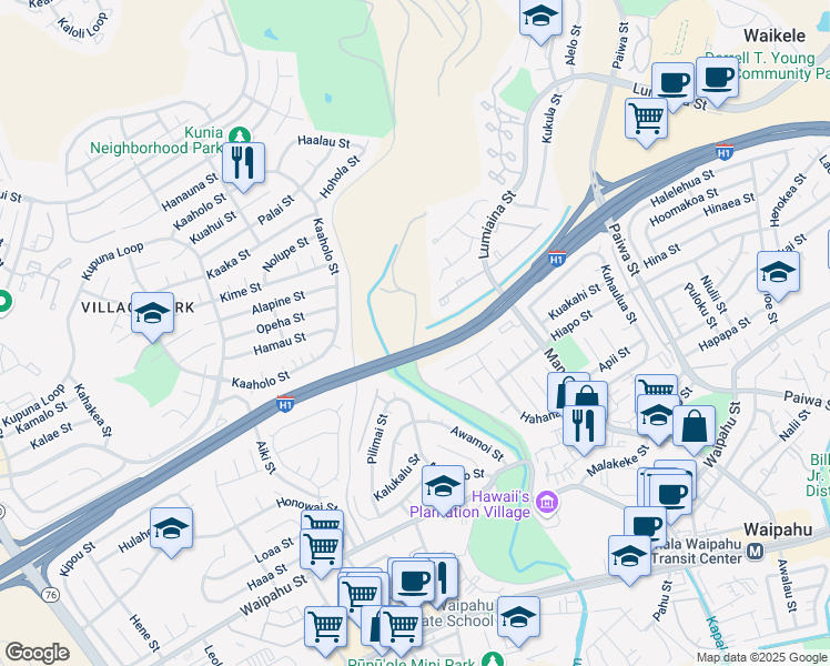 map of restaurants, bars, coffee shops, grocery stores, and more near Wainui Road in Waipahu