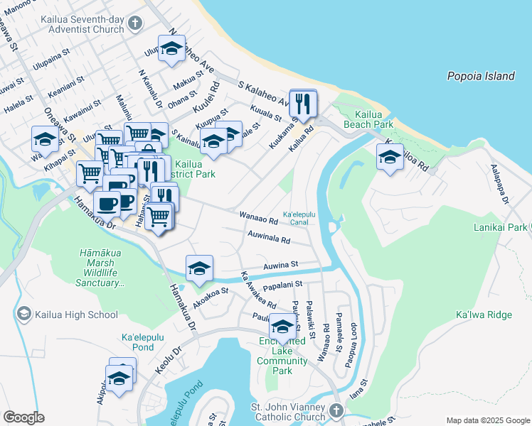 map of restaurants, bars, coffee shops, grocery stores, and more near 280 Pouli Road in Kailua