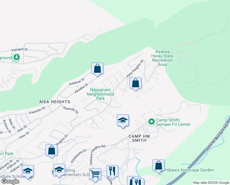 map of restaurants, bars, coffee shops, grocery stores, and more near 99-1168 Aiea Heights Drive in Aiea