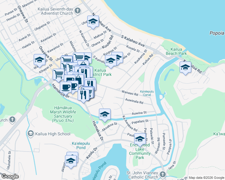 map of restaurants, bars, coffee shops, grocery stores, and more near 333 Aoloa Street in Kailua