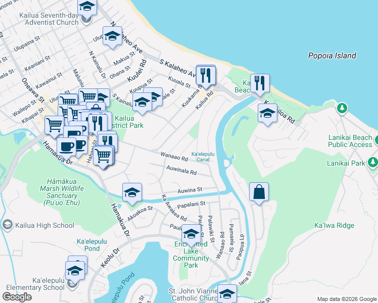 map of restaurants, bars, coffee shops, grocery stores, and more near 368 Wanaao Road in Kailua