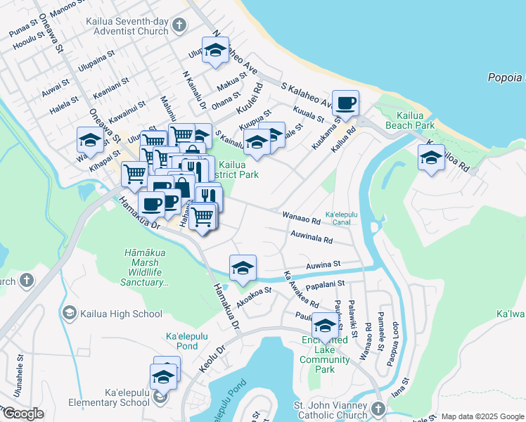 map of restaurants, bars, coffee shops, grocery stores, and more near 310 Auwinala Road in Kailua