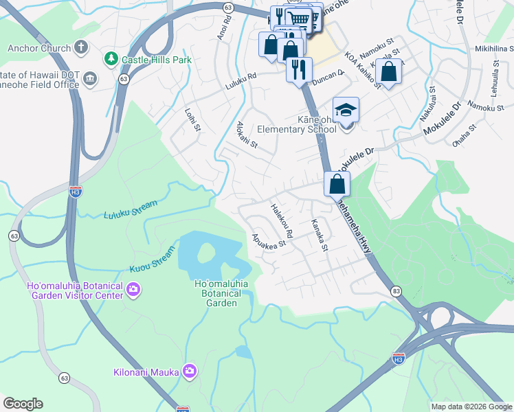 map of restaurants, bars, coffee shops, grocery stores, and more near 45-696 Halekou Road in Kaneohe