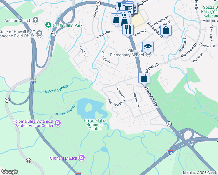 map of restaurants, bars, coffee shops, grocery stores, and more near 45-696 Halekou Road in Kaneohe