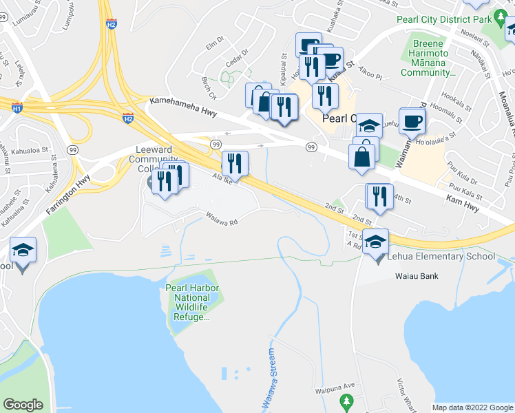 map of restaurants, bars, coffee shops, grocery stores, and more near 96-165 Waiawa Road in Pearl City