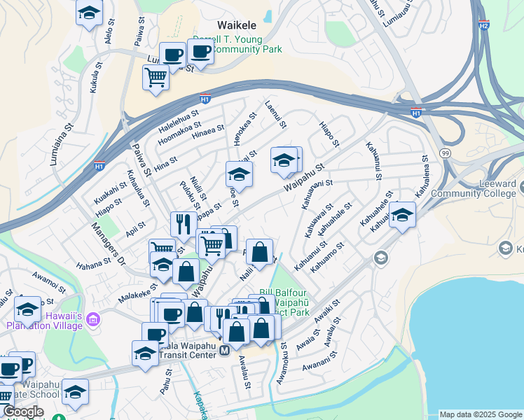 map of restaurants, bars, coffee shops, grocery stores, and more near 94-1201 Kaniau Place in Waipahu
