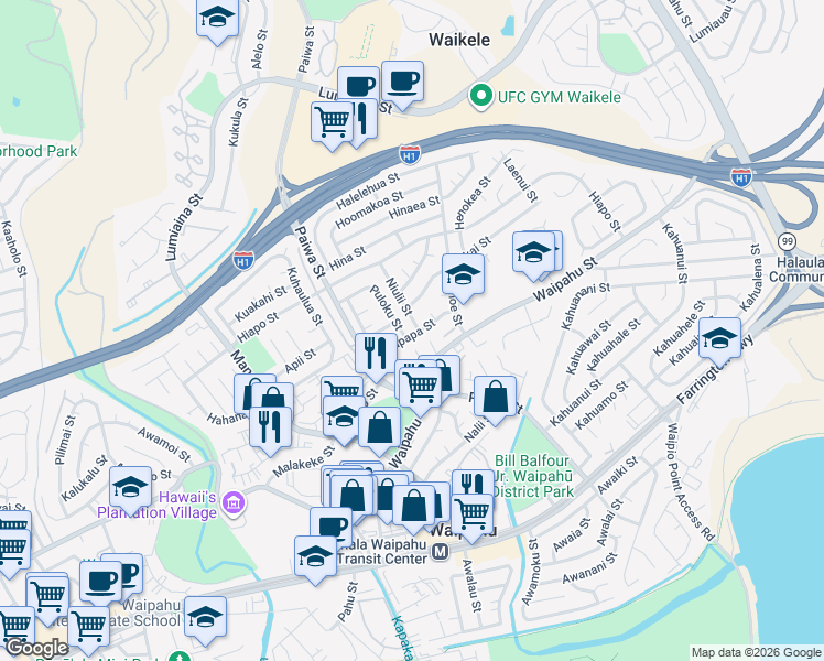 map of restaurants, bars, coffee shops, grocery stores, and more near 94-1032 Hapapa Street in Waipahu