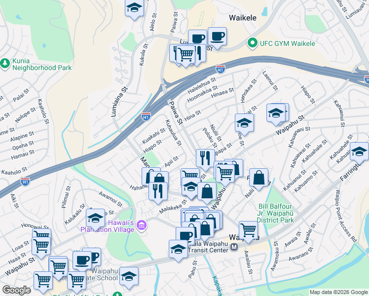 map of restaurants, bars, coffee shops, grocery stores, and more near 94-570 Apii Street in Waipahu