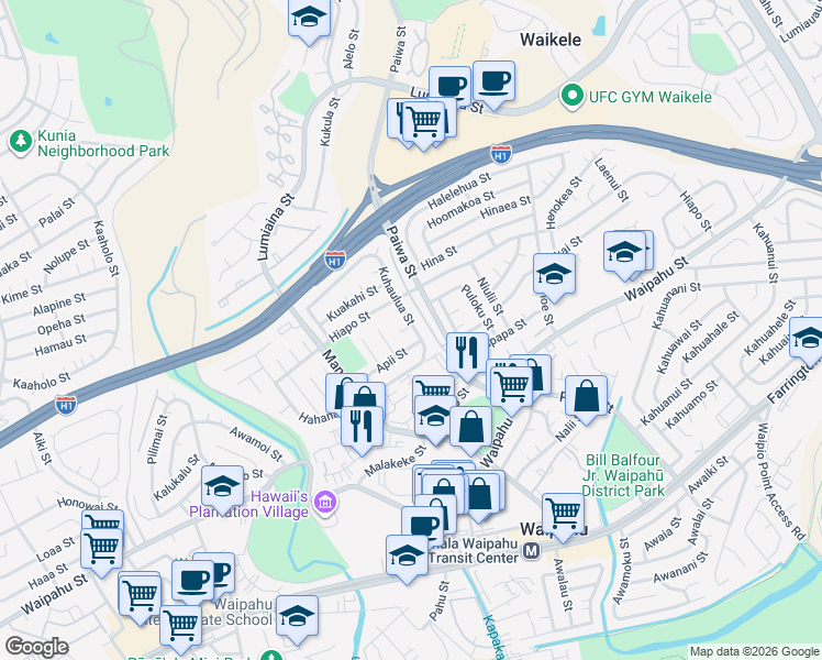 map of restaurants, bars, coffee shops, grocery stores, and more near 94-570 Apii Street in Waipahu