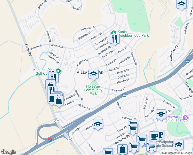 map of restaurants, bars, coffee shops, grocery stores, and more near 94-691 Kaaoki Place in Waipahu