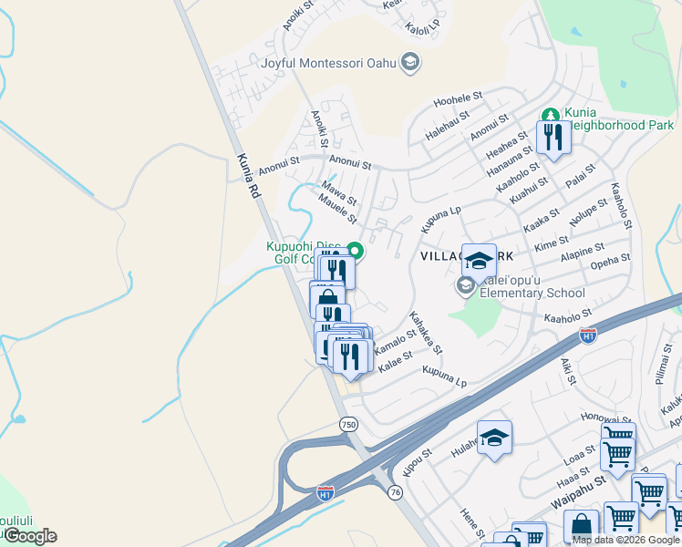 map of restaurants, bars, coffee shops, grocery stores, and more near 94545 Kupuohi Street in Waipahu