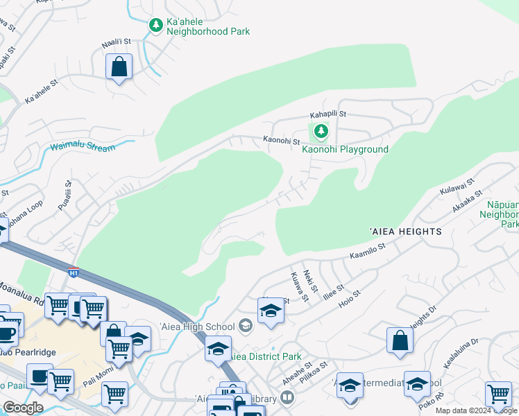 map of restaurants, bars, coffee shops, grocery stores, and more near 98907 Iho Place in Aiea