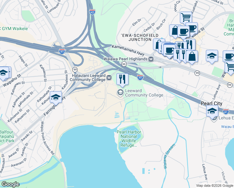 map of restaurants, bars, coffee shops, grocery stores, and more near 96-35 Waiawa Road in Pearl City