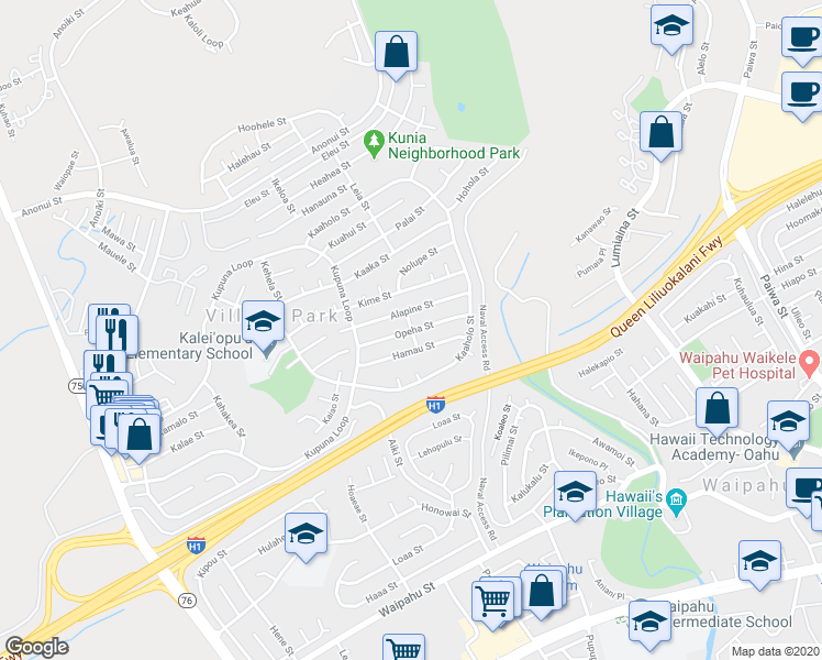 map of restaurants, bars, coffee shops, grocery stores, and more near Opeha Street in Royal Kunia