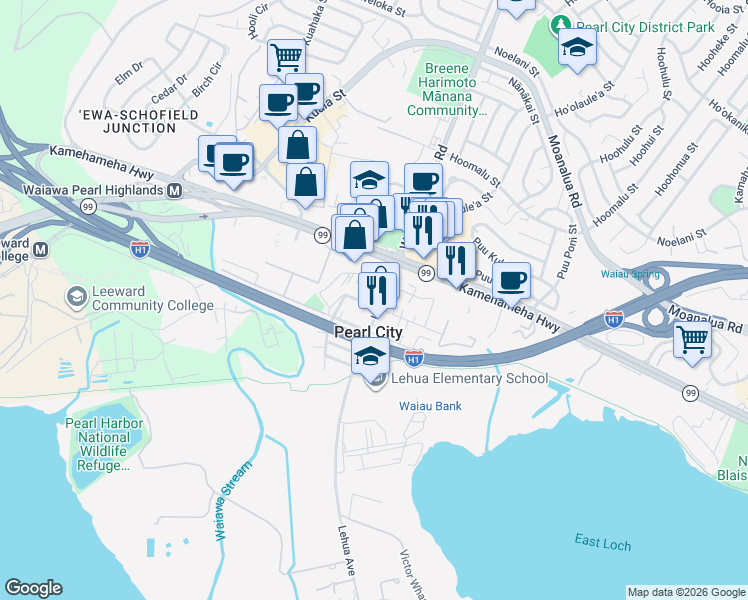 map of restaurants, bars, coffee shops, grocery stores, and more near 950 Lehua Avenue in Pearl City