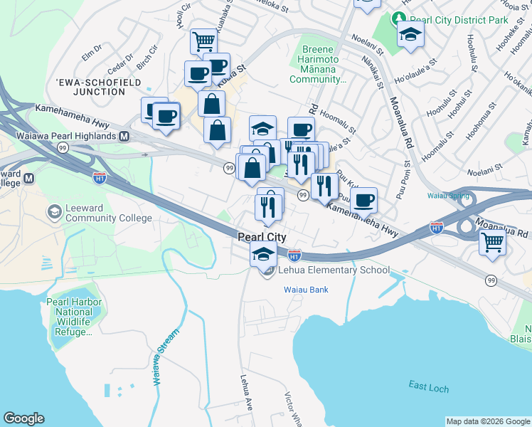map of restaurants, bars, coffee shops, grocery stores, and more near 950 Lehua Avenue in Pearl City