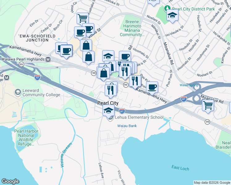 map of restaurants, bars, coffee shops, grocery stores, and more near 950 Lehua Avenue in Pearl City
