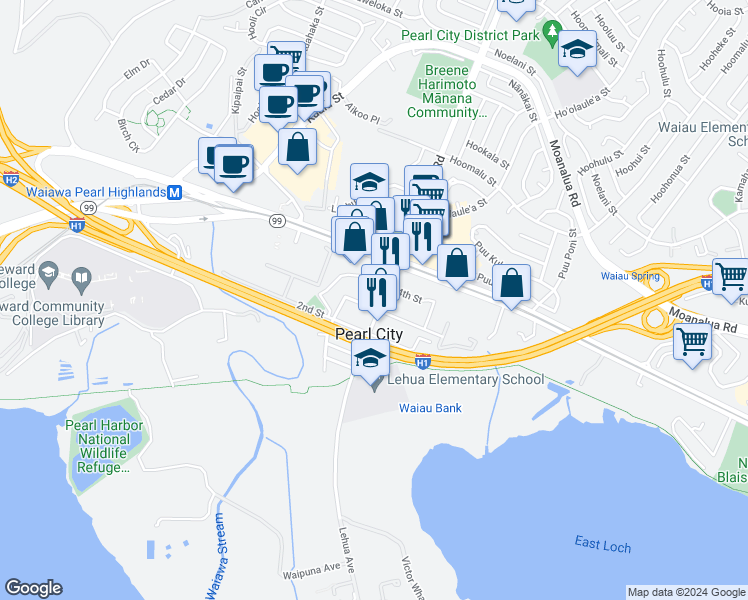 map of restaurants, bars, coffee shops, grocery stores, and more near 950 Lehua Avenue in Pearl City