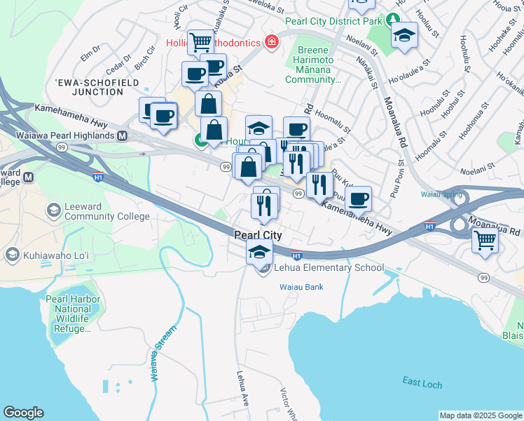 map of restaurants, bars, coffee shops, grocery stores, and more near 936 Lehua Avenue in Pearl City