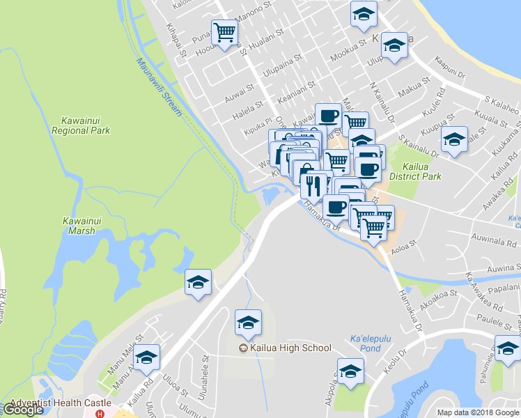 map of restaurants, bars, coffee shops, grocery stores, and more near 840 Kailua Road in Kailua