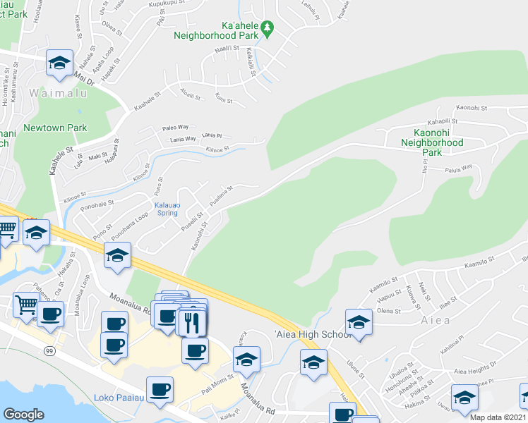 map of restaurants, bars, coffee shops, grocery stores, and more near 98-535 Kaonohi Street in Aiea