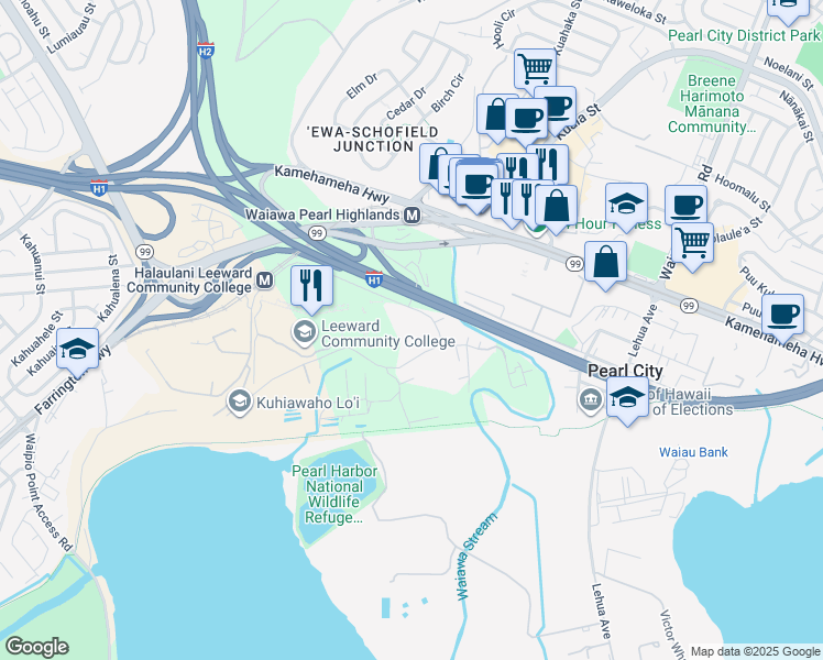 map of restaurants, bars, coffee shops, grocery stores, and more near 96-210 Waiawa Road in Pearl City